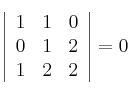  \left|
\begin{array}{ccc}
     1 & 1 & 0
  \\ 0 & 1 & 2
  \\ 1 & 2 & 2
\end{array}
\right| = 0