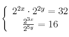 \left\{
\begin{array}{c}
2^{2x} \cdot 2^{2y}=32 \\
\frac{2^{3x}}{2^{5y}}=16
\end{array}
\right.