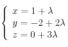 \left\{ \begin{array}{lll}
x=1+\lambda \\  
y=-2+2\lambda \\
z=0+3\lambda
\end{array}
\right.