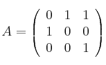 A = \left(
\begin{array}{ccc}
0 & 1 & 1 \\
1 & 0 & 0 \\
0 & 0 & 1
\end{array}
\right)