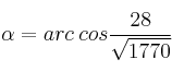 \alpha = arc \: cos  \frac{28}{ \sqrt{1770}}
