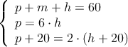 \left\{ \begin{array}{l}
p+m+h=60 \\
p=6 \cdot h \\
p+20 = 2 \cdot (h+20)
\end{array} \left. 