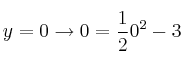 y=0 \rightarrow 0 = \frac{1}{2}0^2 - 3