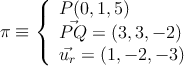 \pi \equiv \left\{
\begin{array}{l}
P(0,1,5) 
\\ \vec{PQ}=(3, 3, -2)
\\ \vec{u_r}=(1,-2,-3)
\end{array}
\right. 