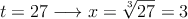 t=27  \longrightarrow x=\sqrt[3]{27} = 3