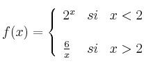  
f(x)= \left\{ \begin{array}{lcc}
              2^x &   si  & x < 2 \\
              \\ \frac{6}{x} &  si &  x > 2 
              \end{array}
    \right.
