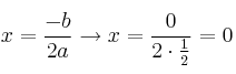 x=\frac{-b}{2a} \rightarrow x=\frac{0}{2 \cdot \frac {1}{2}} =0