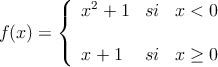 f(x)= \left\{ \begin{array}{lcc}
              x^2+1 &   si  & x < 0 \\
              \\ x+1 &  si &  x \geq 0
              \end{array}
    \right.