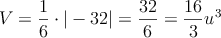 V = \frac{1}{6} \cdot |-32| = \frac{32}{6} =\frac{16}{3} u^3