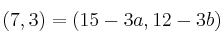(7,3) = (15-3a, 12-3b)