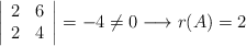 \left| \begin{array}{cc} 2 & 6 \\  2 & 4 \end{array} \right|=-4 \neq 0 \longrightarrow r(A)=2