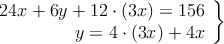  \left.
\begin{array}{r}
24x + 6y + 12 \cdot (3x) =156 \\
y =4 \cdot (3x)+4x
\end{array}
\right \}