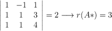 \left| \begin{array}{ccc} 1 &-1 & 1  \\  1 & 1 & 3 \\  1 & 1 & 4 \end{array} \right|=2 \longrightarrow r(A*)=3
