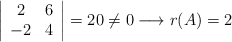 \left| \begin{array}{cc} 2 & 6 \\  -2 & 4 \end{array} \right|=20 \neq 0 \longrightarrow r(A)=2