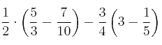 \frac{1}{2} \cdot \left( \frac{5}{3} - \frac{7}{10} \right) - \frac{3}{4} \left( 3 - \frac{1}{5} \right)