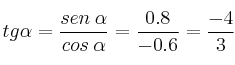 tg \alpha = \frac{sen \: \alpha}{cos \: \alpha}=\frac{0.8}{-0.6}=\frac{-4}{3}