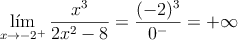\lim_{x \rightarrow -2^+} \frac{x^3}{2x^2-8} = \frac{(-2)^3}{0^-}=+\infty