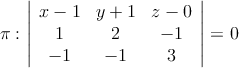 \pi: \left| \begin{array}{ccc} 
x-1 & y+1 & z-0 \\
1 & 2 & -1 \\
 -1 & -1 & 3 
\end{array} \right| = 0