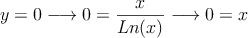 y=0 \longrightarrow 0= \frac{x}{Ln(x)}  \longrightarrow 0=x