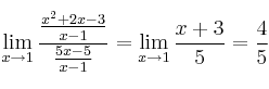 \lim\limits_{x \rightarrow 1} \frac{\frac{x^2+2x-3}{x-1}}{\frac{5x-5}{x-1}}=\lim\limits_{x \rightarrow 1} \frac{x+3}{5} = \frac{4}{5}