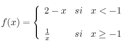 f(x)= \left\{ \begin{array}{lcc}
              2-x &   si  & x < -1 \\
              \\ \frac{1}{x} &  si &  x \geq -1
              \end{array}
    \right.