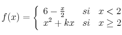 
f(x)= \left\{ \begin{array}{lcc}
              6 - \frac{x}{2} &   si  & x < 2 
              \\x^2+kx & si & x \geq 2            
              \end{array}
    \right.
