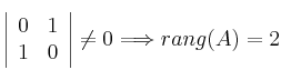 \left|
\begin{array}{cc}
0 & 1   \\
1 & 0 
\end{array}
\right| \neq 0 \Longrightarrow rang(A)=2