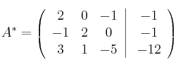  A^* =\left(
\begin{array}{ccc}
    2 & 0 & -1 
\\ -1 & 2 & 0
\\ 3 & 1 & -5
\end{array}
\right |
\left.
\begin{array}{c}
    -1 
\\ -1 
\\ -12 
\end{array}
\right )
