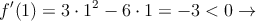 f^{\prime}(1)=3 \cdot 1^2-6 \cdot 1=-3<0 \rightarrow 