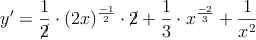 y^\prime = \frac{1}{\cancel{2}} \cdot (2x)^{\frac{-1}{2}} \cdot \cancel{2} + \frac{1}{3} \cdot x^{\frac{-2}{3}} + \frac{1}{x^2}