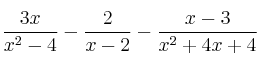 \frac{3x}{x^2-4} - \frac{2}{x-2} - \frac{x-3}{x^2+4x+4}