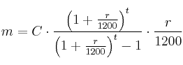 m = C \cdot \frac{\left( 1+\frac{r}{1200} \right)^t}{\left( 1+\frac{r}{1200} \right)^t -1} \cdot \frac{r}{1200}