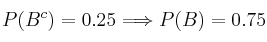 P(B^c) =0.25  \Longrightarrow P(B)=0.75
