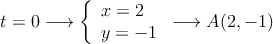  t=0 \longrightarrow \left\{
\begin{array}{ll}
x = 2 \\
y  = -1
\end{array}
\right. \longrightarrow A(2,-1)