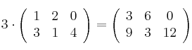 3 \cdot \left(
\begin{array}{ccc}
     1 & 2 & 0
  \\ 3 & 1 & 4
\end{array}
\right) = \left(
\begin{array}{ccc}
     3 & 6 & 0
  \\ 9 & 3 & 12
\end{array}
\right)