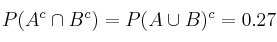 P(A^c \cap B^c) = P(A \cup B)^c =0.27