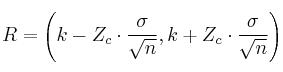 R = \left( k-Z_c \cdot \frac{\sigma}{\sqrt{n}},  k+Z_c \cdot \frac{\sigma}{\sqrt{n}}\right)