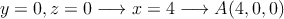 y=0 , z=0 \longrightarrow x=4 \longrightarrow A(4,0,0)