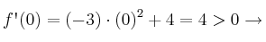 f\textsc{\char13}(0)=(-3)\cdot (0)^2+4 = 4 > 0 \rightarrow 