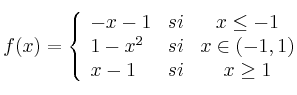 f(x)= \left\{ \begin{array}{lcc}
              -x-1 &   si  & x \leq -1 \\
               1-x^2 &  si &  x \in (-1,1) \\
               x-1 & si & x \geq 1
              \end{array}
    \right.