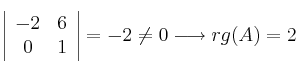 \left|
\begin{array}{cc}
     -2 & 6 
  \\ 0 & 1 
\end{array}
\right| = -2 \neq 0 \longrightarrow rg(A)=2