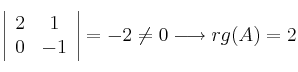 \left|
\begin{array}{cc}
     2 & 1 
  \\ 0 & -1 
\end{array}
\right| = -2 \neq 0 \longrightarrow rg(A)=2
