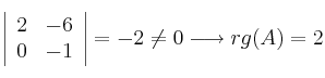 \left|
\begin{array}{cc}
     2 & -6 
  \\ 0 & -1 
\end{array}
\right| = -2 \neq 0 \longrightarrow rg(A)=2
