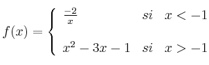  
f(x)= \left\{ \begin{array}{lcc}
              \frac{-2}{x} &   si  & x < -1 \\
              \\ x^2-3x-1 &  si &  x > -1 
              \end{array}
    \right.
