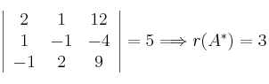 \left| 
\begin{array}{ccc}
2 & 1& 12 \cr
 1& -1 &-4 \cr
 -1 & 2 &9
\end{array}
\right| = 5 \Longrightarrow r(A^*)=3