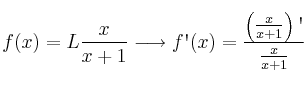 f(x)=L \frac{x}{x+1} \longrightarrow f\textsc{\char13}(x)=\frac{\left( \frac{x}{x+1}\right)\textsc{\char13}}{\frac{x}{x+1}}