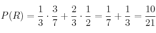 P(R) = \frac{1}{3} \cdot \frac{3}{7} + \frac{2}{3} \cdot \frac{1}{2} = \frac{1}{7} + \frac{1}{3} = \frac{10}{21}