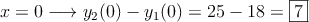 x=0 \longrightarrow y_2(0) - y_1(0)=25-18 = \fbox{7}