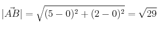 |\vec{AB}| = \sqrt{(5-0)^2+(2-0)^2} = \sqrt{29}