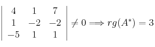 \left| \begin{array}{ccc}
4 & 1 & 7 \\ 1 & -2 & -2 \\ -5 & 1& 1 \end{array} \right|\neq 0 \Longrightarrow rg(A^*)=3